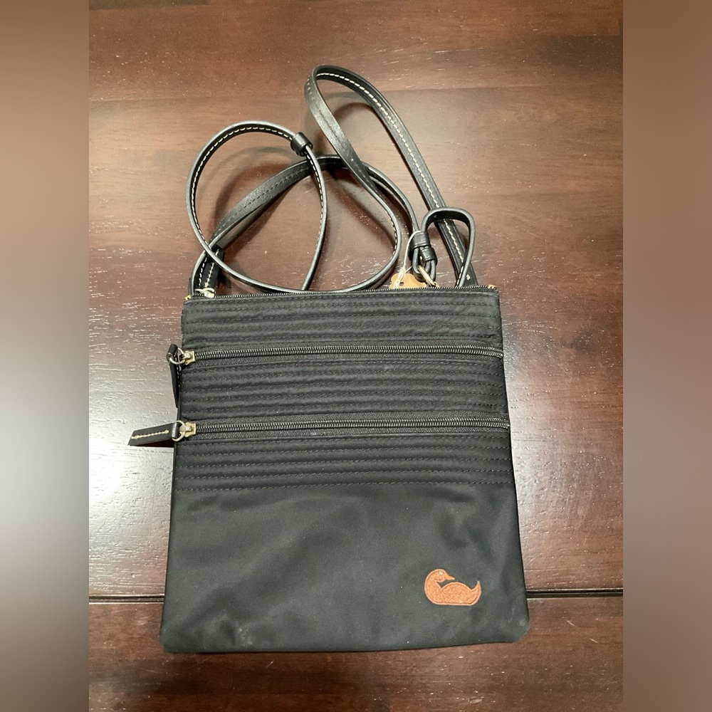 DOONEY & BOURKE NORTH SOUTH TRIPLE ZIP BLACK NYLON EMBROIDERED DUCK CROSSBODY